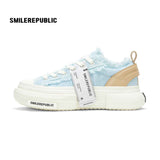 Light Blue Frayed Tweed Chunky Platform Sneakers, Unisex Low Top Lace Up