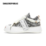 Dusk Gray Frayed Textile Platform Sneakers with Interchangeable Smile Toe, Unisex Low Top