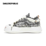 Dusk Gray Frayed Textile Platform Sneakers with Interchangeable Smile Toe, Unisex Low Top