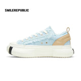 Light Blue Frayed Tweed Chunky Platform Sneakers, Unisex Low Top Lace Up