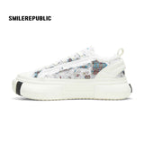 Women's White and Blue Frayed Tweed Platform Sneakers