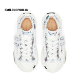 Women's White and Blue Frayed Tweed Platform Sneakers
