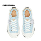 Light Blue Frayed Tweed Chunky Platform Sneakers, Unisex Low Top Lace Up