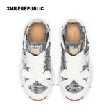 Dusk Gray Frayed Textile Platform Sneakers with Interchangeable Smile Toe, Unisex Low Top