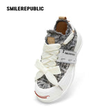 Dusk Gray Frayed Textile Platform Sneakers with Interchangeable Smile Toe, Unisex Low Top