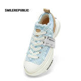 Light Blue Frayed Tweed Chunky Platform Sneakers, Unisex Low Top Lace Up