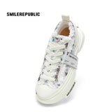 Women's White and Blue Frayed Tweed Platform Sneakers
