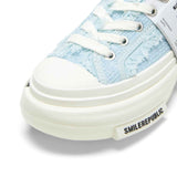 Light Blue Frayed Tweed Chunky Platform Sneakers, Unisex Low Top Lace Up
