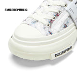 Women's White and Blue Frayed Tweed Platform Sneakers