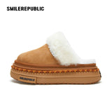 Almond Tan Furry Trim Platform Mule Slippers, Closed Toe Winter Shoes