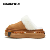 Almond Tan Furry Trim Platform Mule Slippers, Closed Toe Winter Shoes