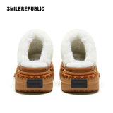 Almond Tan Furry Trim Platform Mule Slippers, Closed Toe Winter Shoes
