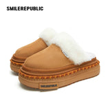 Almond Tan Furry Trim Platform Mule Slippers, Closed Toe Winter Shoes