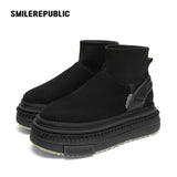 Black Low-Shaft Slip-On Chunky Platform Ankle Boots, Casual Winter Shoes