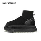 Black Low-Shaft Slip-On Chunky Platform Ankle Boots, Casual Winter Shoes