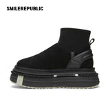 Black Low-Shaft Slip-On Chunky Platform Ankle Boots, Casual Winter Shoes