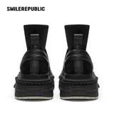 Black Low-Shaft Slip-On Chunky Platform Ankle Boots, Casual Winter Shoes