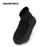 Black Low-Shaft Slip-On Chunky Platform Ankle Boots, Casual Winter Shoes