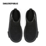 Black Low-Shaft Slip-On Chunky Platform Ankle Boots, Casual Winter Shoes