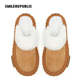 Almond Tan Furry Trim Platform Mule Slippers, Closed Toe Winter Shoes