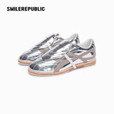 Mirror-Finish Silver Bow Side Detail Low Top Lace Up Sneakers