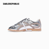 Mirror-Finish Silver Bow Side Detail Low Top Lace Up Sneakers