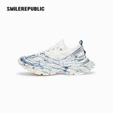 White and Silver Mesh Paint Splatter Chunky Sneakers, Unisex Low Top Lace Up Shoes