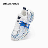 White and Silver Mesh Paint Splatter Chunky Sneakers, Unisex Low Top Lace Up Shoes