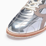 Mirror-Finish Silver Bow Side Detail Low Top Lace Up Sneakers