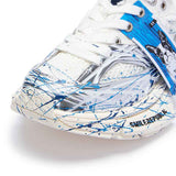 White and Silver Mesh Paint Splatter Chunky Sneakers, Unisex Low Top Lace Up Shoes