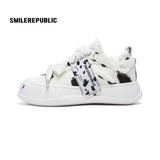 Black and White Spotted Canvas Platform Sneakers with Replaceable Smile Toe Design
