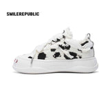 Black and White Spotted Canvas Platform Sneakers with Replaceable Smile Toe Design