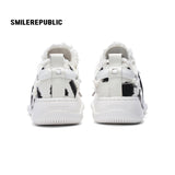 Black and White Spotted Canvas Platform Sneakers with Replaceable Smile Toe Design