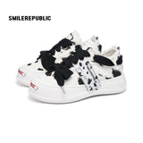 Black and White Spotted Canvas Platform Sneakers with Replaceable Smile Toe Design