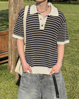 Windy Buckle Stripe Collar Short Sleeve Knit