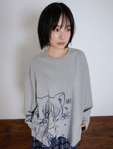 キャットガール & フラワー長袖Tシャツ - グレー