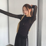 シューレースシースルーレイヤードUネック長袖Tシャツ