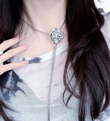 silver rose tie necklace