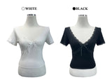 🤍Mist Ribbon Lace V-neck Short Sleeve T-shirt (2 colors)