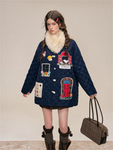 Kitsch look Embroidered Patch Quilted Duffle Coat