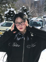 Bite lettering raccoon fur hood zip-up