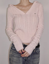 Cable V-Neck Hooded Knit