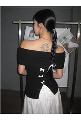 Black Macaron Bow Off Shoulder Tee