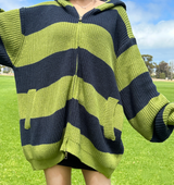 (HIGH-QUALITY!/UNISEX) ビッグフードルーズフィットストライプニットジップアップ - 2 COLOR
