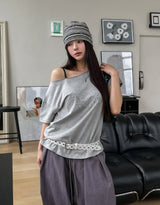 Shell stud cut off shoulder short sleeve