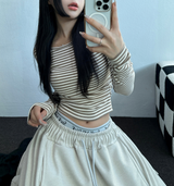 フリース❤サイドシャーリングストライプクロッピードロングスリーブTシャツ 🧸🤎🩶🩵3カラー