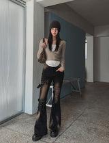 Ash Ribbed Deep Button Layered Long Sleeves