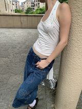 カラーハートビーズホルターネックスリーブレスTシャツ