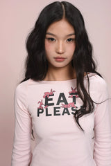 eat me plz * ラビットプリントライトピンクウエストバンドフィッテッドセブンスリーブTシャツ