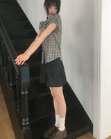 チリチェックフリルパフ半袖ブラウス